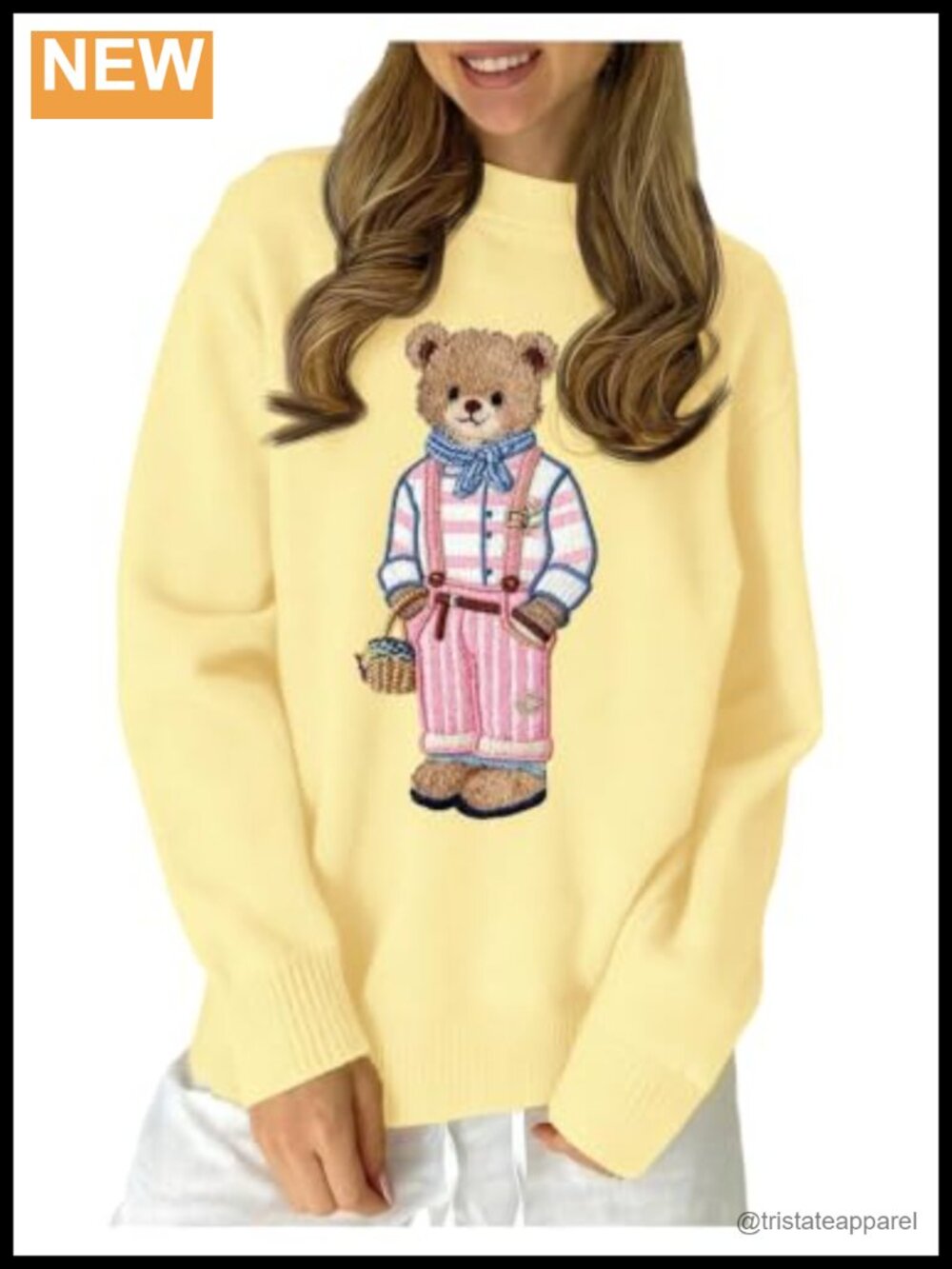 Cute Bear Crew Neck Long Sleeve Pullover Knit Sweater Women's Soft
